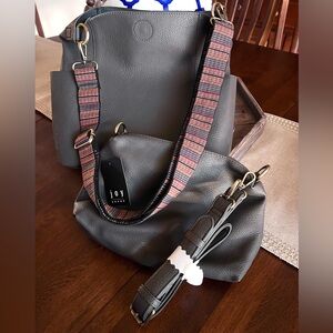 Joy Susan Kayleigh Side Pocket Bucket Bag 3-Pc Combo in Charcoal + Guitar Strap